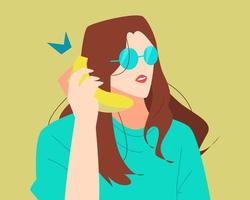 mujer joven con gafas usando un teléfono banana. adecuado para el tema de la fruta, la comida, los objetos, la diversión, la tecnología, etc. ilustración vectorial plana vector