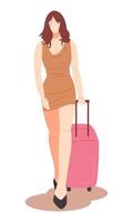 beautiful woman walking carrying suitcase. full body. the concept of traveling, vacation, beauty, etc. flat vector illustration