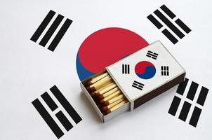 South Korea flag is shown in an open matchbox, which is filled with matches and lies on a large flag photo