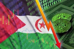 Western Sahara flag and cryptocurrency falling trend with two bitcoins on dollar bills and binary code display photo