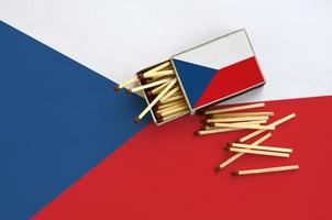Czech flag is shown on an open matchbox, from which several matches fall and lies on a large flag photo