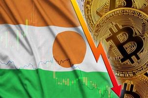 Niger flag and cryptocurrency falling trend with many golden bitcoins photo