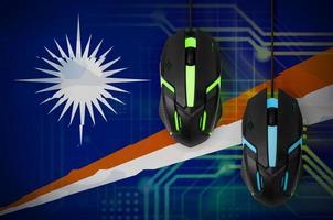 Marshall Islands flag and two mice with backlight. Online cooperative games. Cyber sport team photo