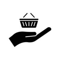 Online shop glyph icon. Contains hand with shopping cart. icon illustration related to e commerce shop. Simple vector design editable. Pixel perfect at 32 x 32