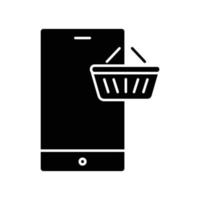 Online shop glyph icon. Contains mobile phone with shopping cart. icon illustration related to e commerce shop. Simple vector design editable. Pixel perfect at 32 x 32