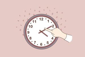 Changing time concept. Human hand changing time on large wall clock over dark brown background vector illustration