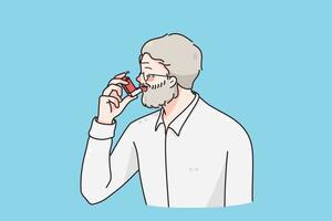 Suffering from asthma concept. Grey haired man cartoon character standing using special inhalator for lungs being ill and suffering from asthma disease vector illustration