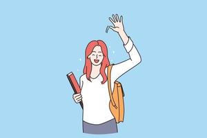 Back to school and education concept. Young happy positive schoolchild girl cartoon character standing looking and waving hand feeling positive vector illustration