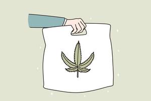 concepto de entrega y distribución de marihuana. mano de mensajero sosteniendo paquete con cannabis con hoja en ilustración de vector de fondo verde