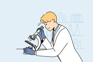 Young man scientist in white medical uniform look at sample in microscope in lab. Male researcher examine specimen in laboratory. Medicine and biotechnology. Vector illustration.