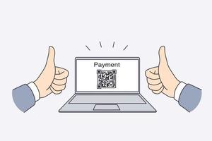 Electronic payment with qr code concept. Hands of man showing thumbs up sign with electronic payment and qr code for transaction on laptop screen vector illustration