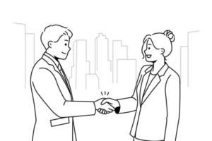 Smiling businesspeople handshake greeting getting acquainted. Happy business partners shake hands close deal or make agreement. Vector illustration.