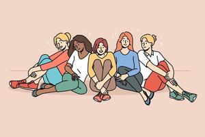 Smiling multiracial diverse women sit together show unity and support. Happy multiethnic interracial girls have fun relax. Togetherness and friendship. Vector illustration.