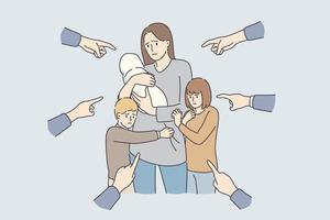 Single mother social problems. Hands of people pointing at woman with children cartoon characters feeling down and sad vector illustration