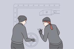 Robbery and crime concept. Two young robbers man and woman in uniform cartoon characters standing trying to break vault lock and open door vector illustration
