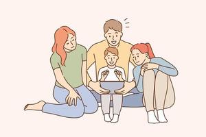 Entertaining using mobile app on phone concept. Cheerful young family with kids cartoon characters sitting laughing watching funny video on smartphone together vector illustration