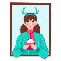 Flat vector colorful illustration with a young woman in the warm winter sweater and deer antlers. Red cup with cream cat New Year and Merry Christmas Celebration. Holiday mood.