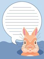 Cute vector rabbit peeking out of a burrow with a template in the cloud. Blue background, beige rabbit. Template with lines for the record. For notebooks and stickers and congratulations