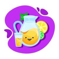 Vector color rectangular icon with orange juice in a glass and jug. Fruits. Healthy drink. Image from several parts. Funny face. Cartoon style for kids. Bright colors.