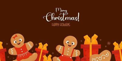 Seamless border with cute funny gingerbread man and girl, gift boxes and inscription Merry Christmas on brown background. Vector illustration. horizontal greeting card template for design.