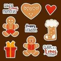 Collection Christmas gingerbread vector stickers. Cute gingerbread mans, Christmas boot, heart and gift and congratulation and cool inscription. Isolated elements for New Years design and decor.