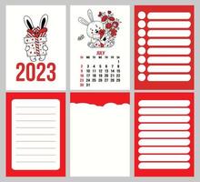 Collection calendar template for July 2023 with cute rabbit of flowers and planner pages, notes, to do list. Vector illustration. Week from Sunday. in english. 2023 year of rabbit to Chinese calendar