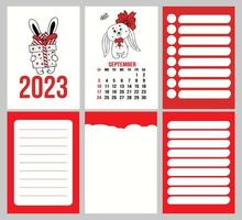 Big set calendar planner with cover for September 2023 with cute rabbit and pages, notes, control and to do list. Vector illustration. Week from Sunday. in english. year of rabbit to Chinese calendar