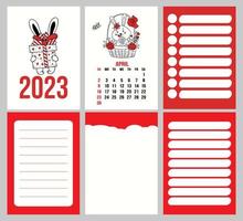 calendar template for April 2023 with cute rabbit in basket of flowers and planner pages, notes, to do list. Vector illustration. Week from Sunday. in english. 2023 year of rabbit to Chinese calendar