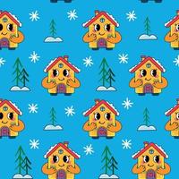 Cute Christmas Seamless Pattern with Cute Cartoon House on Blue Background. 1970 Good Vibes Cartoon Style Pattern with Funky Fictional Character House vector