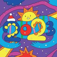 Square Vector Crazy Retro Christmas and New Year Poster 2023. Psychedelic Funky Poster. Psychedelic Cartoon Sun and 2023 Inscription Naive Kids Style