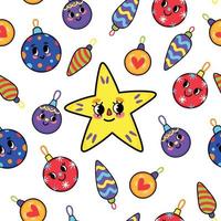 Square Vector Seamless Christmas Pattern with Funny Cartoon Characters - Christmas Decorations. 1970 Good Vibes Cartoon Style