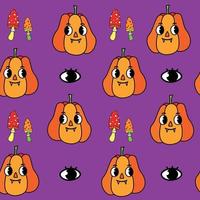 Trippy Halloween Psychedelic Seamless Pattern. Decorative Pattern with Funky Vampire Pumpkin and Trippy Mushrooms and Eyes vector