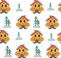 Cute Christmas Seamless Pattern with Cute Cartoon House. Good Vibes Cartoon Style Pattern with Funky Fictional Character House vector