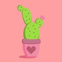 Doodle cactus in the flower pot with heart ornament. Valentine, wedding, love cards, print for decorating clothing vector