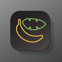 Black square button with banana fruit outline icon, yellow banana with green leaf on the plate. Flat symbol sign vector illustration isolated on gray background. Healthy nutrition concept