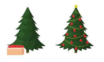 antes despues arbol de navidad con decoracion y luces. ilustración vectorial vector