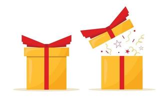 Gift box closed and opened. Yellow present box with red ribbon and bow. Vector illustration.