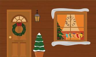 casa de navidad con porche de decoración con arbolitos y farolillos. ventana con salón de navidad árbol de navidad, luces, regalos, chimenea. vector