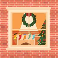 Window with Christmas living room xmas tree, lights, presents, fireplace. Window in brick wall. Architectural element of the building facade. vector