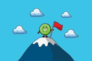 cute character Kiwi fruit climbs top mountain vector