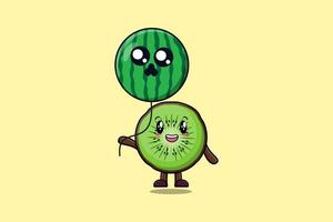 kiwi de dibujos animados lindo flotando con sandía vector