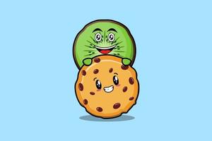 lindo personaje de dibujos animados de kiwi escondido en galletas vector