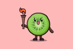 cute Kiwi fruit cartoon holding fire torch vector