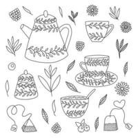 colección de té de fideos dibujados a mano. conjunto de dibujado a mano de servicio de té de vector