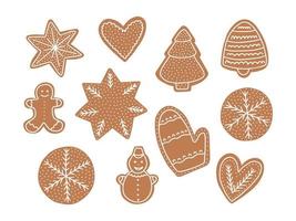 conjunto de Navidad de galleta de jengibre vectorial. galleta navideña de estilo plano en diferentes formas con glaseado blanco, vector