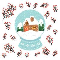 Christmas glass ball vector illustration with winter house and snow. Christmas card with snow ball and winter landscape vector illustration