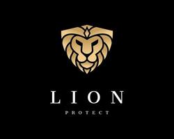 león cabeza leo mane depredador oro lujo elegante escudo seguridad majestuosa cresta vector logo diseño