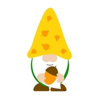 Cute fall gnome in a yellow hat with nut. Autumn decorative typography poster. Baby, t shirt design. Vector