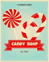 Retro poster design for candy shop. Candies vintage banner theme. Promotional banner for sweets, cakes and desserts. vector