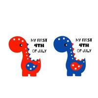 My first 4th of July inscription with dinosaur. Cute vector prints for 4th of July. Independence day design elements in the colors of the US national flag. Baby design.